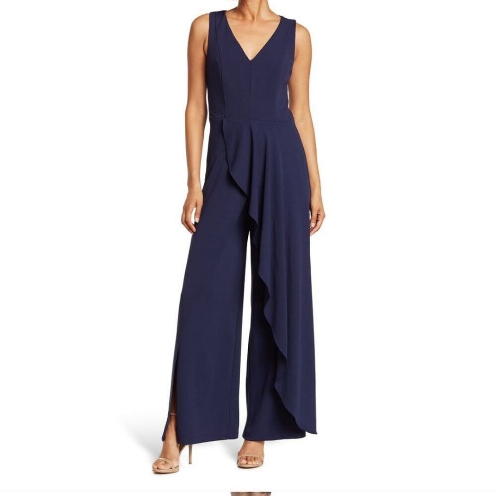 MARINA Dark Blue Ruffle Formal Wide Leg  Jumpsuit - Picture 13 of 13
